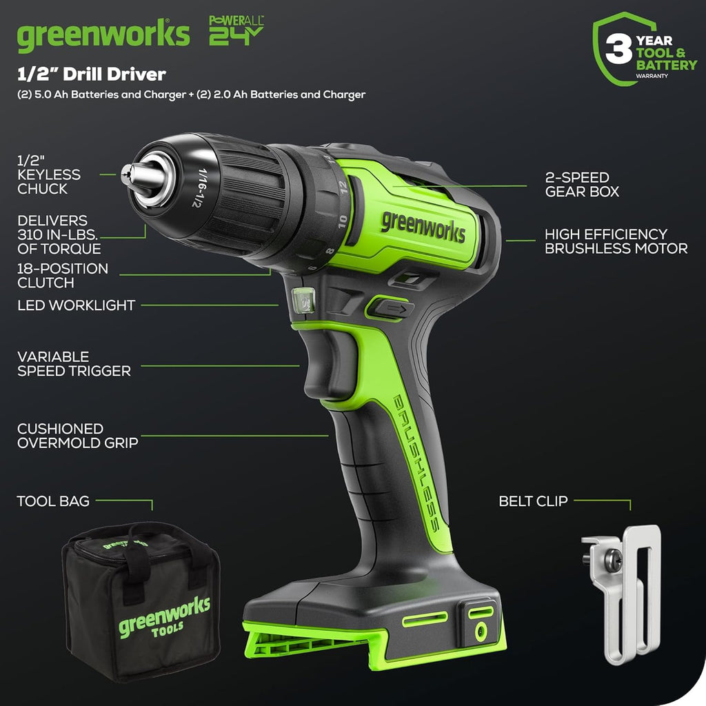 Greenworks 48V (2X24V) 17"" Brushless Mower+12"" String Trimmer+320Cfm Blower+310 In./Lbs Drill Driver, (2) 4.0Ah Batteries And