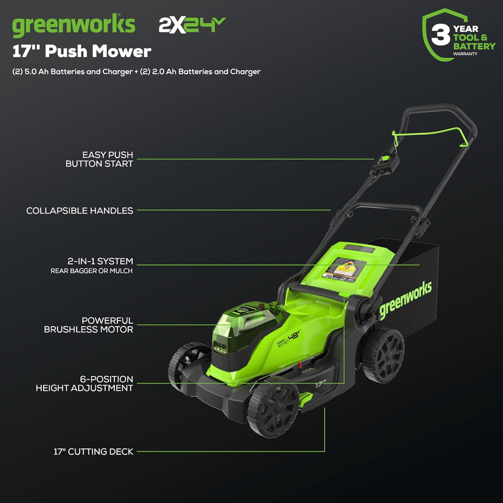 Greenworks 48V (2X24V) 17"" Brushless Mower+12"" String Trimmer+320Cfm Blower+310 In./Lbs Drill Driver, (2) 4.0Ah Batteries And