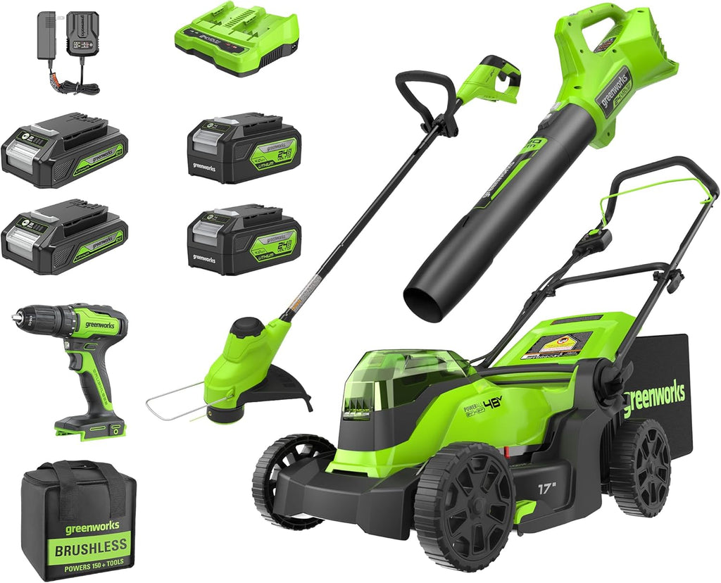Greenworks 48V (2X24V) 17"" Brushless Mower+12"" String Trimmer+320Cfm Blower+310 In./Lbs Drill Driver, (2) 4.0Ah Batteries And