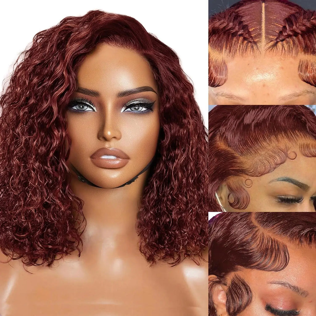 Reddish Brown Water Wave Glueless 7x5 Closure Lace Short Curly Wig 200% Density Burgundy 13x4 Lace Frontal Deep Wave Bob Wig