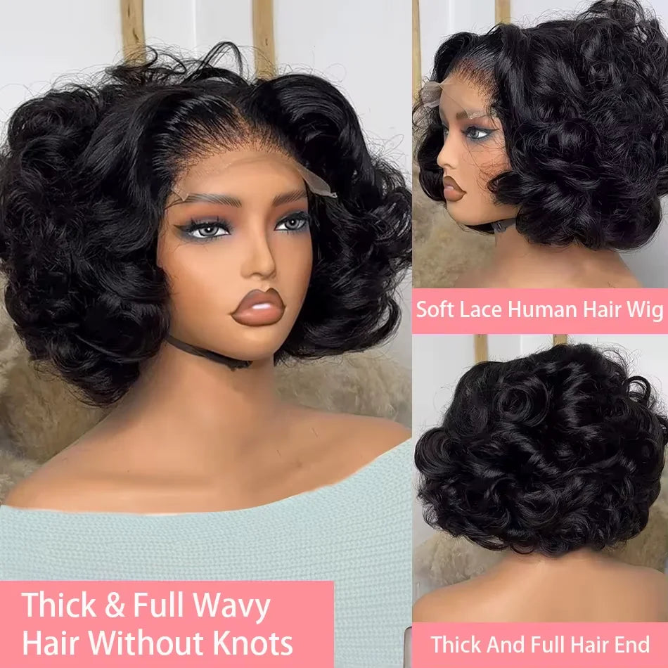 230% Density 4x4 Lace Frontal Wig Short Curly Bob Body Wavy Wave  HD Transparent 13x4 Lace Front Wigs Brazilian 100% Human Hair