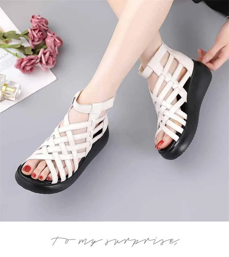 BEYARNE Genuine Leather Summer Shoes Wedges Sandals Women Gladiator Sandals Vintage Open Toe Cross Platform Sandals Female