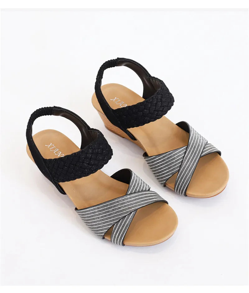 BEYARNE  Sandals Women Summer Shoes Elegant Ladies Weave Rome Sandalias Fashion Female Comfortable Wedges Sandals Large Size