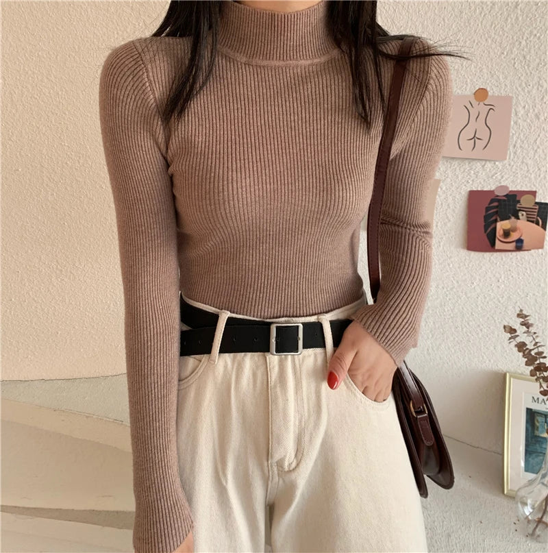 Autumn Winter Women Long Sleeve Turtleneck Elasticity Casual Jumper Pull Sweaters Office Pullover Korean Female Top Shirts