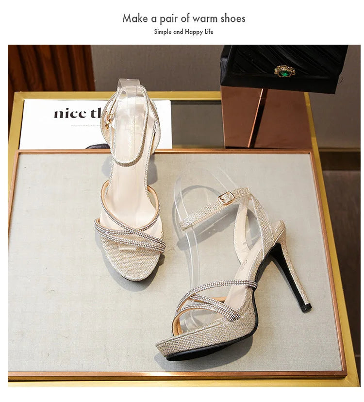 2021 Summer Korean Style Chain Sandals Cross Ankle Straps  Sexy Bling 10CM Thin High Heels Platform Peep Toe Roman Women Shoes