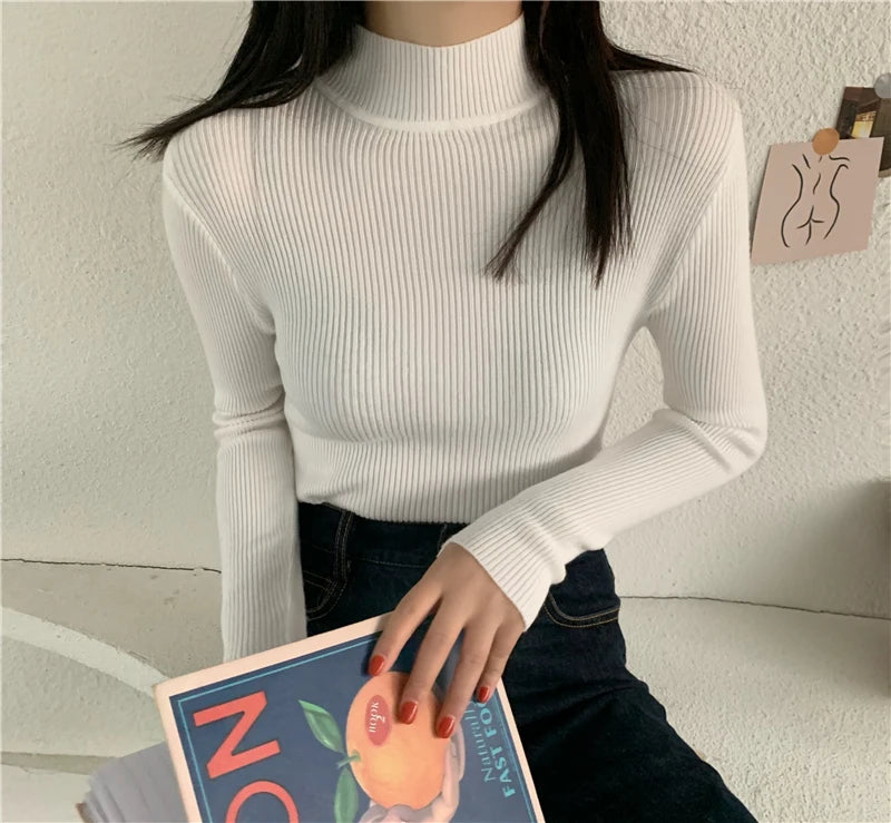 Autumn Winter Women Long Sleeve Turtleneck Elasticity Casual Jumper Pull Sweaters Office Pullover Korean Female Top Shirts