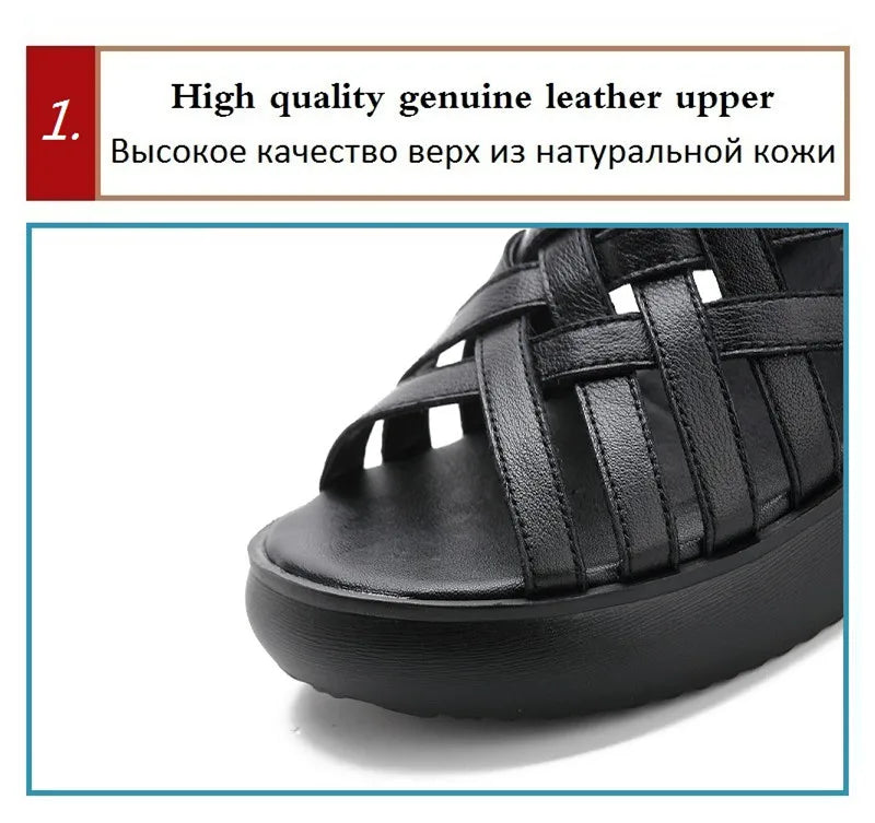 BEYARNE Genuine Leather Summer Shoes Wedges Sandals Women Gladiator Sandals Vintage Open Toe Cross Platform Sandals Female