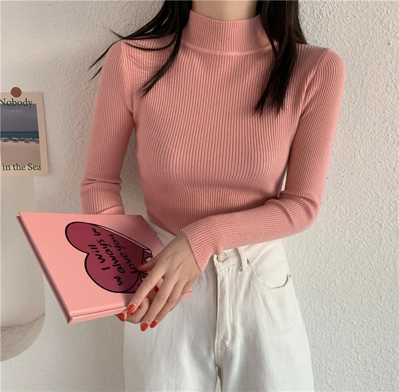 Autumn Winter Women Long Sleeve Turtleneck Elasticity Casual Jumper Pull Sweaters Office Pullover Korean Female Top Shirts