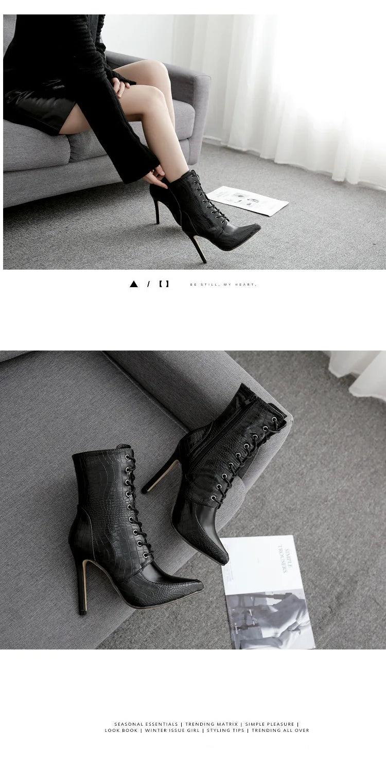 Snakeskin grain Ankle Boots For Women High heels Fashion Pointed toe Ladies Sexy shoes 2021 New Lace-Up Bootswf76