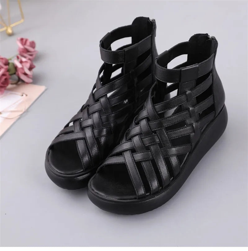 BEYARNE Genuine Leather Summer Shoes Wedges Sandals Women Gladiator Sandals Vintage Open Toe Cross Platform Sandals Female