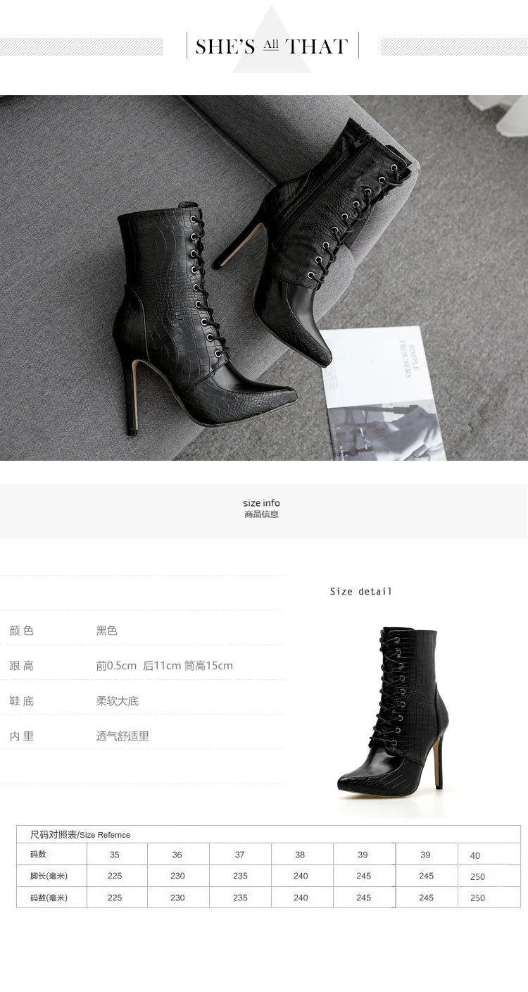 Snakeskin grain Ankle Boots For Women High heels Fashion Pointed toe Ladies Sexy shoes 2021 New Lace-Up Bootswf76