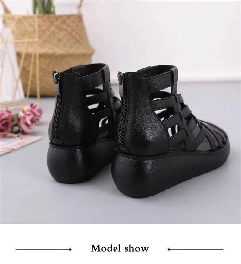 BEYARNE Genuine Leather Summer Shoes Wedges Sandals Women Gladiator Sandals Vintage Open Toe Cross Platform Sandals Female