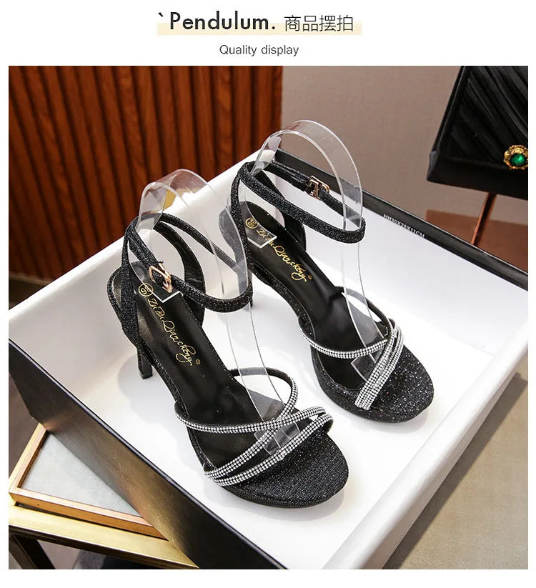 2021 Summer Korean Style Chain Sandals Cross Ankle Straps  Sexy Bling 10CM Thin High Heels Platform Peep Toe Roman Women Shoes