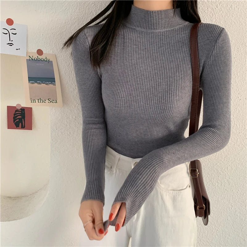 Autumn Winter Women Long Sleeve Turtleneck Elasticity Casual Jumper Pull Sweaters Office Pullover Korean Female Top Shirts