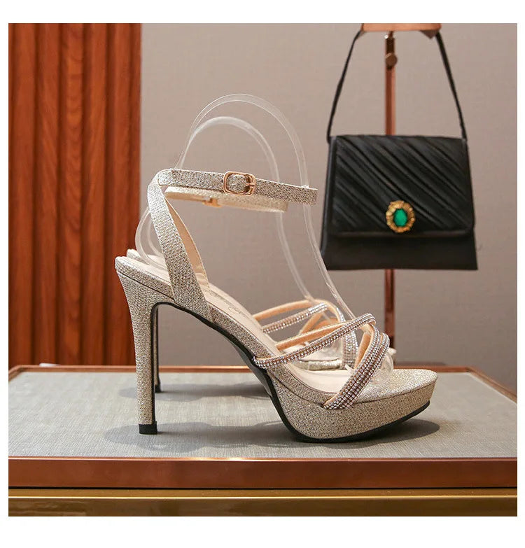 2021 Summer Korean Style Chain Sandals Cross Ankle Straps  Sexy Bling 10CM Thin High Heels Platform Peep Toe Roman Women Shoes