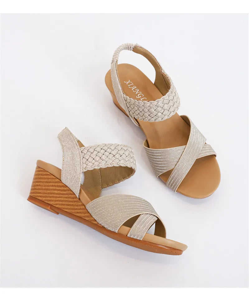 BEYARNE  Sandals Women Summer Shoes Elegant Ladies Weave Rome Sandalias Fashion Female Comfortable Wedges Sandals Large Size