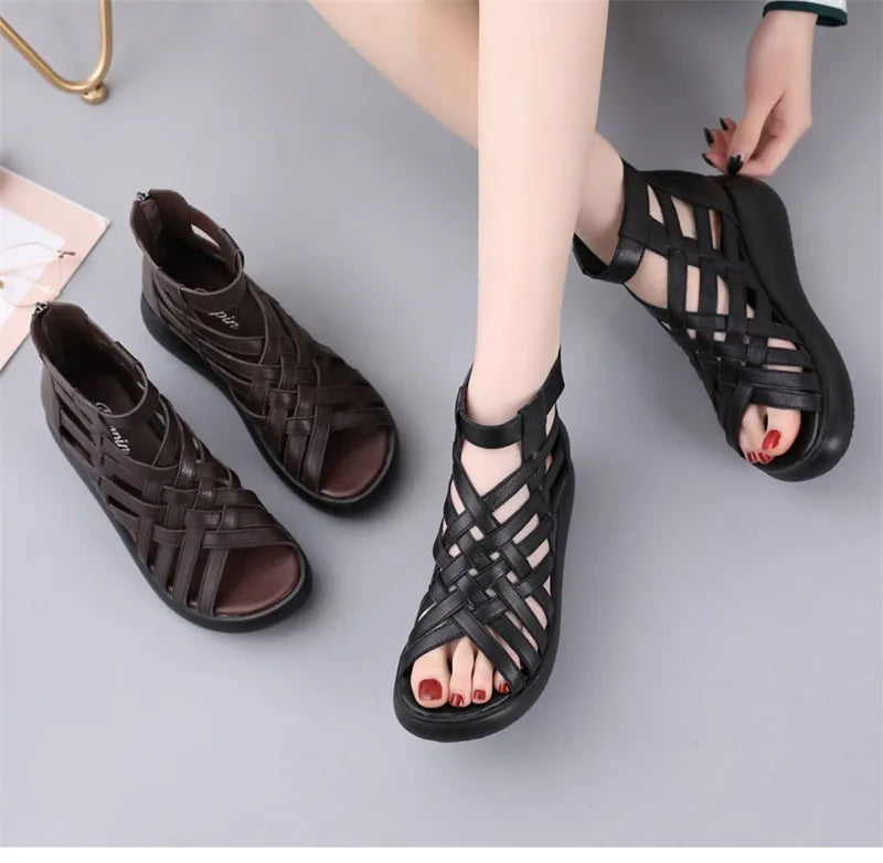 BEYARNE Genuine Leather Summer Shoes Wedges Sandals Women Gladiator Sandals Vintage Open Toe Cross Platform Sandals Female