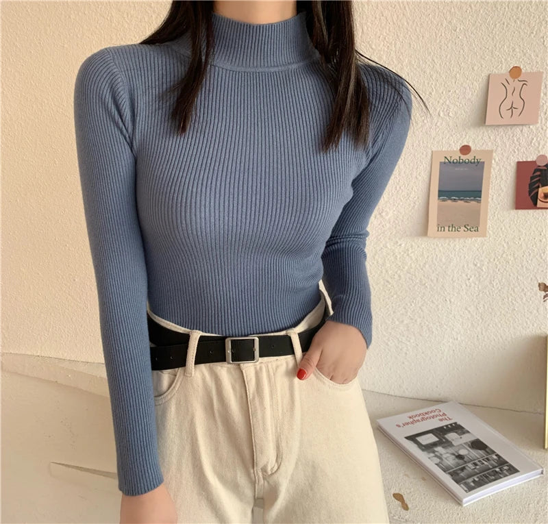 Autumn Winter Women Long Sleeve Turtleneck Elasticity Casual Jumper Pull Sweaters Office Pullover Korean Female Top Shirts