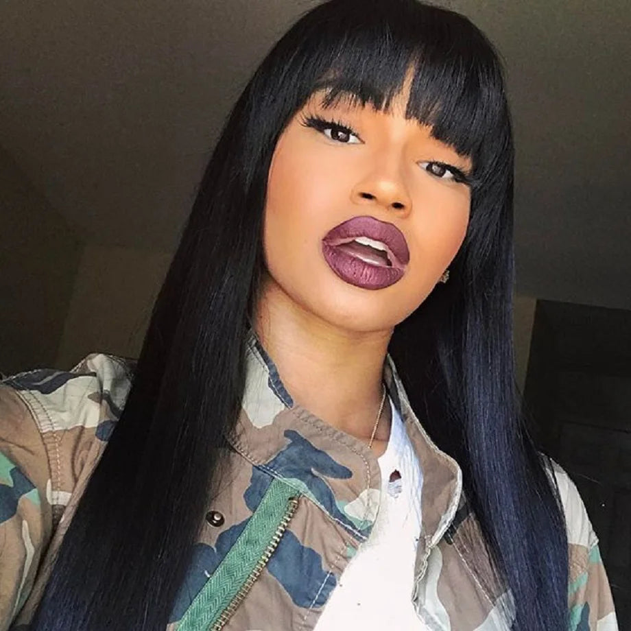 Wig With Bangs Short Bob Human Hair for Women Brazilian Natural Cheap Full Machine Made Wigs Straight 30 Inch Long Fringe Wig