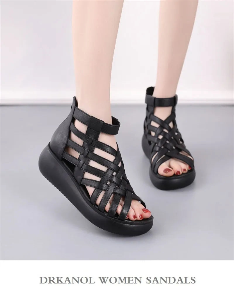BEYARNE Genuine Leather Summer Shoes Wedges Sandals Women Gladiator Sandals Vintage Open Toe Cross Platform Sandals Female