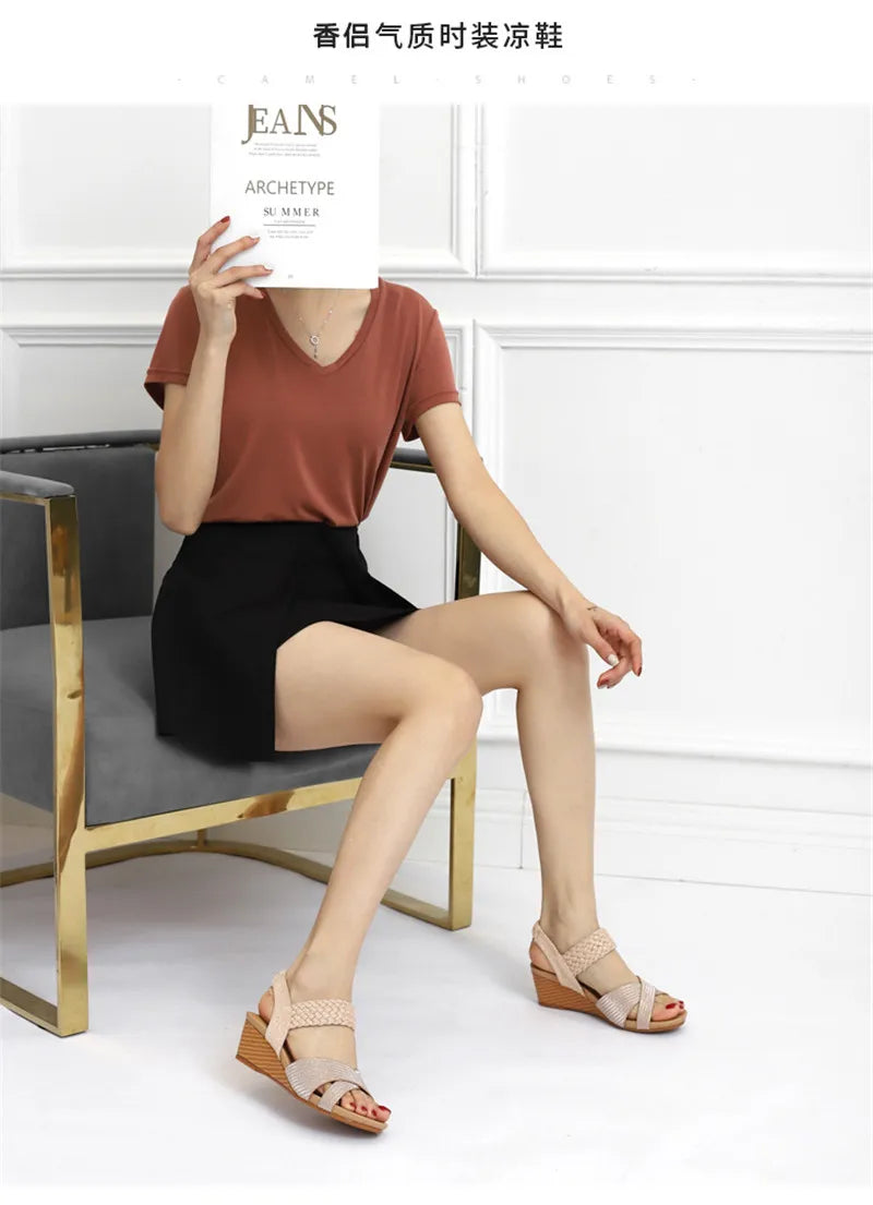 BEYARNE  Sandals Women Summer Shoes Elegant Ladies Weave Rome Sandalias Fashion Female Comfortable Wedges Sandals Large Size