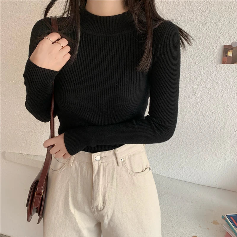 Autumn Winter Women Long Sleeve Turtleneck Elasticity Casual Jumper Pull Sweaters Office Pullover Korean Female Top Shirts
