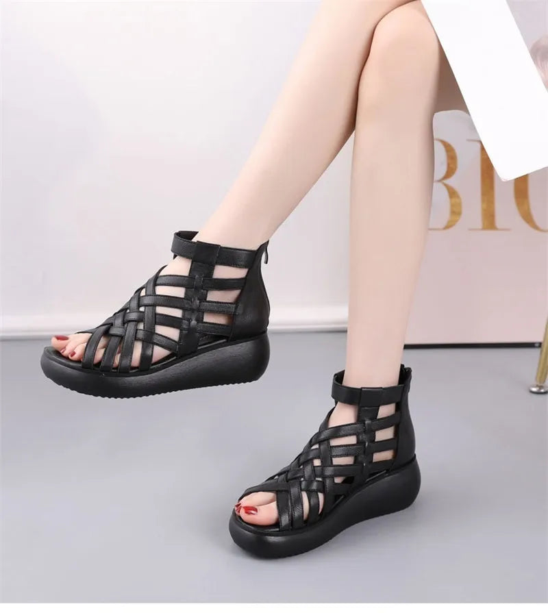 BEYARNE Genuine Leather Summer Shoes Wedges Sandals Women Gladiator Sandals Vintage Open Toe Cross Platform Sandals Female