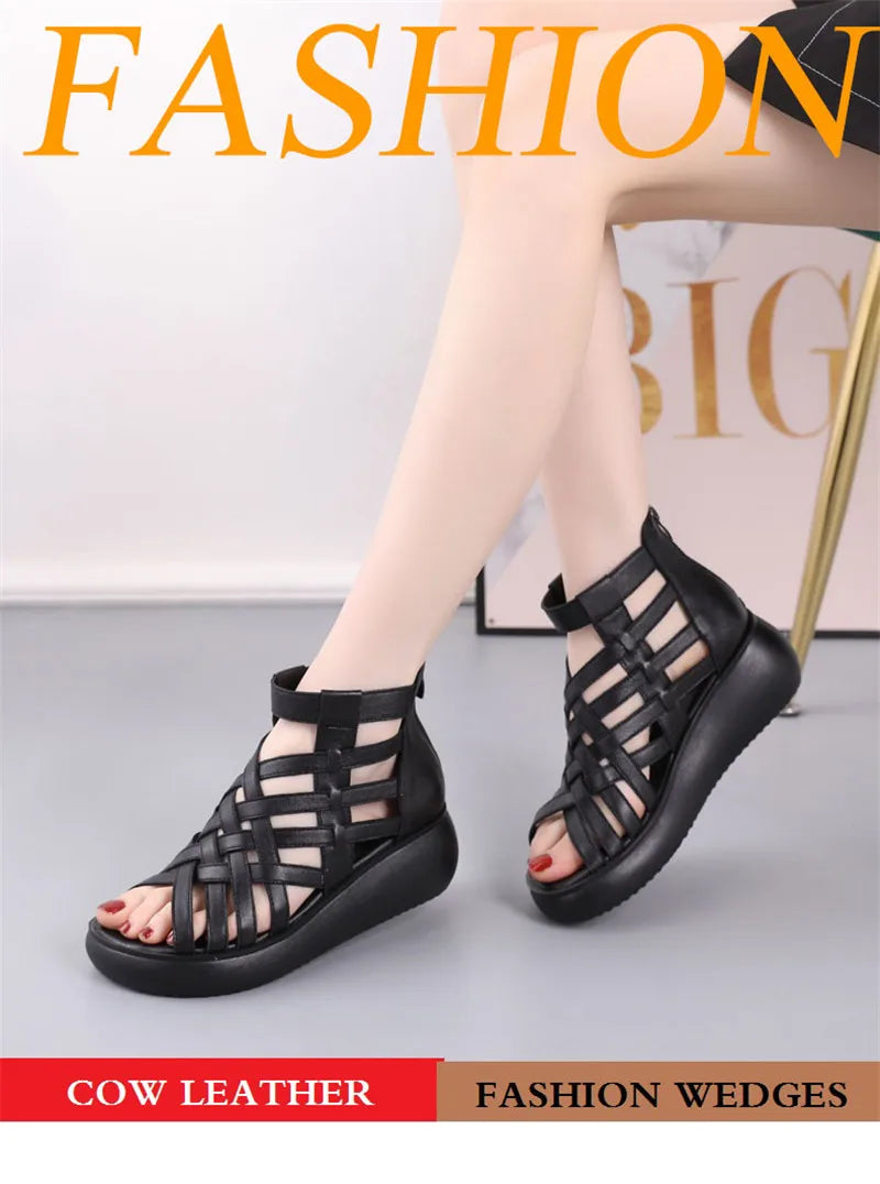 BEYARNE Genuine Leather Summer Shoes Wedges Sandals Women Gladiator Sandals Vintage Open Toe Cross Platform Sandals Female