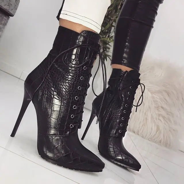 Snakeskin grain Ankle Boots For Women High heels Fashion Pointed toe Ladies Sexy shoes 2021 New Lace-Up Bootswf76