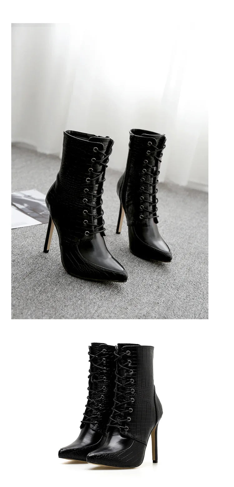 Snakeskin grain Ankle Boots For Women High heels Fashion Pointed toe Ladies Sexy shoes 2021 New Lace-Up Bootswf76