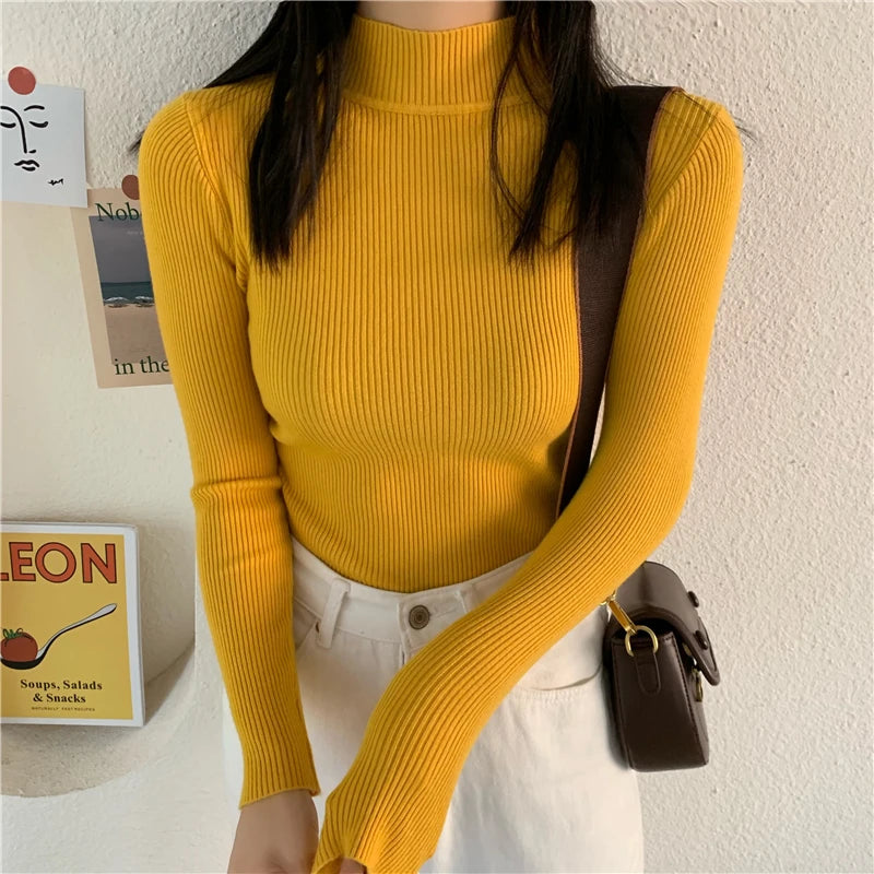 Autumn Winter Women Long Sleeve Turtleneck Elasticity Casual Jumper Pull Sweaters Office Pullover Korean Female Top Shirts