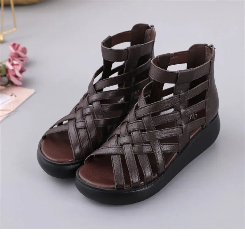 BEYARNE Genuine Leather Summer Shoes Wedges Sandals Women Gladiator Sandals Vintage Open Toe Cross Platform Sandals Female