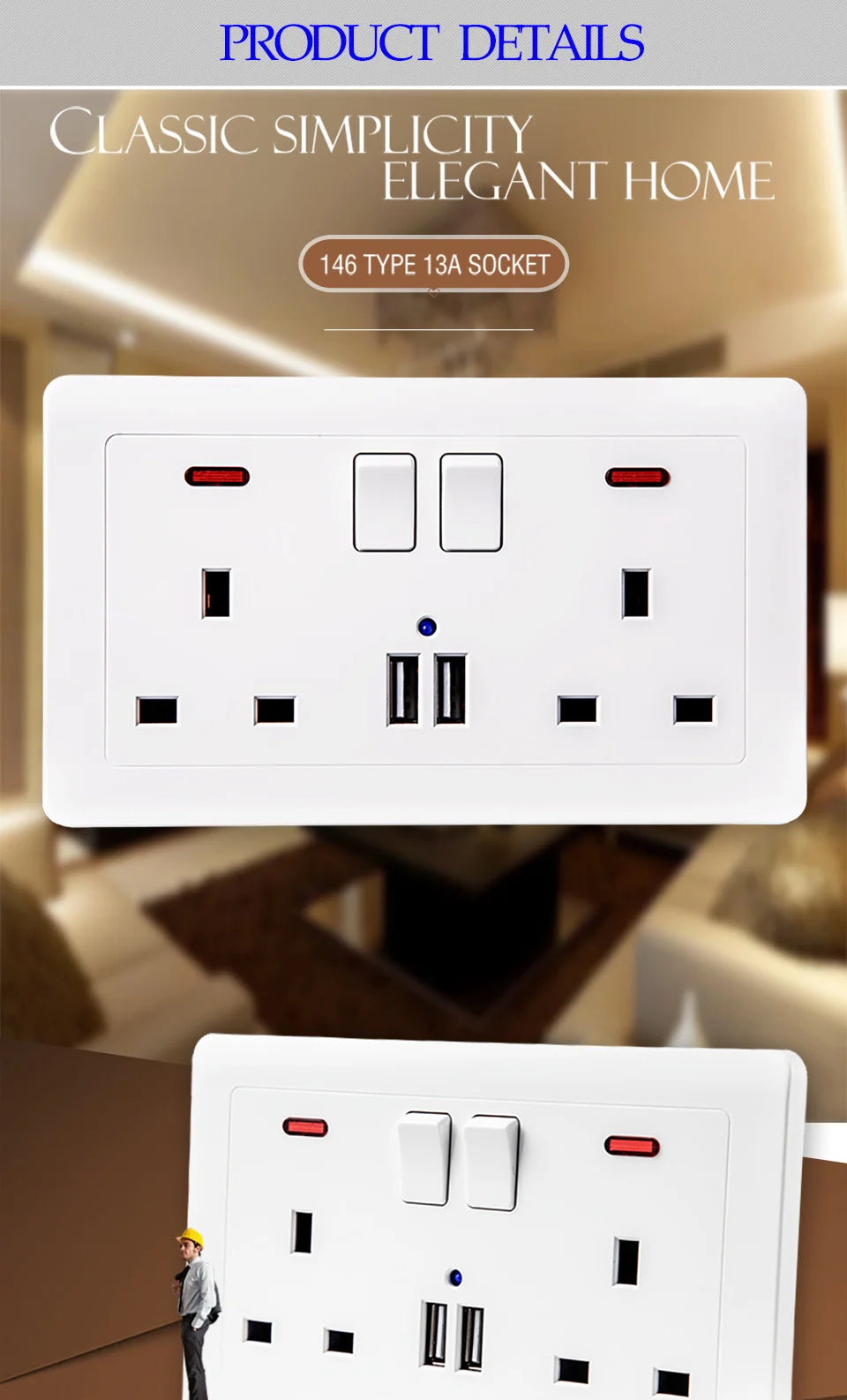 Delviz Wall Power USB Socket, 5V 2.1A Double USB Charger Port, LED Indicator, 146mm*86mm, UK Standard Switch control 13A Outlet