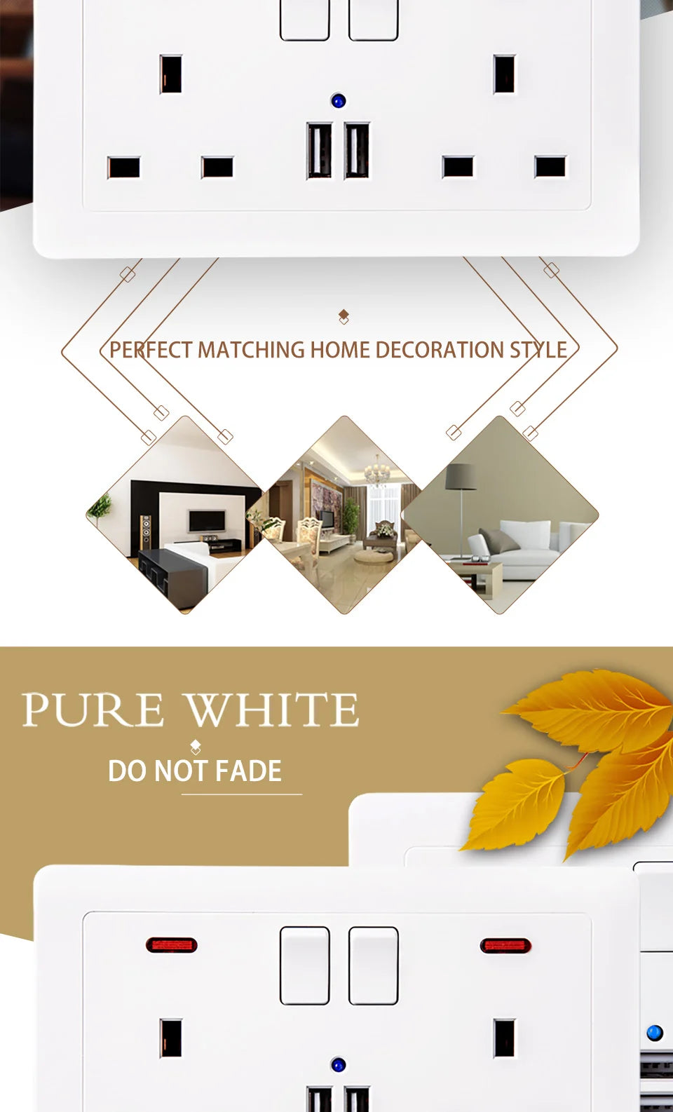 Delviz Wall Power USB Socket, 5V 2.1A Double USB Charger Port, LED Indicator, 146mm*86mm, UK Standard Switch control 13A Outlet