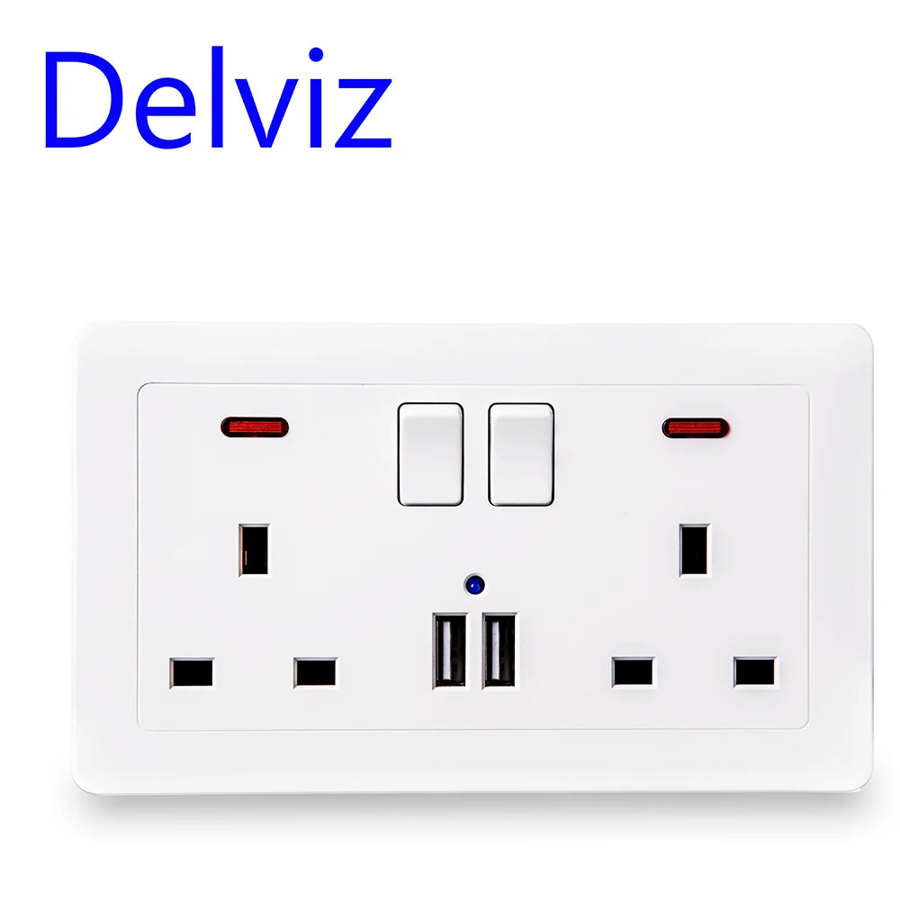 Delviz Wall Power USB Socket, 5V 2.1A Double USB Charger Port, LED Indicator, 146mm*86mm, UK Standard Switch control 13A Outlet