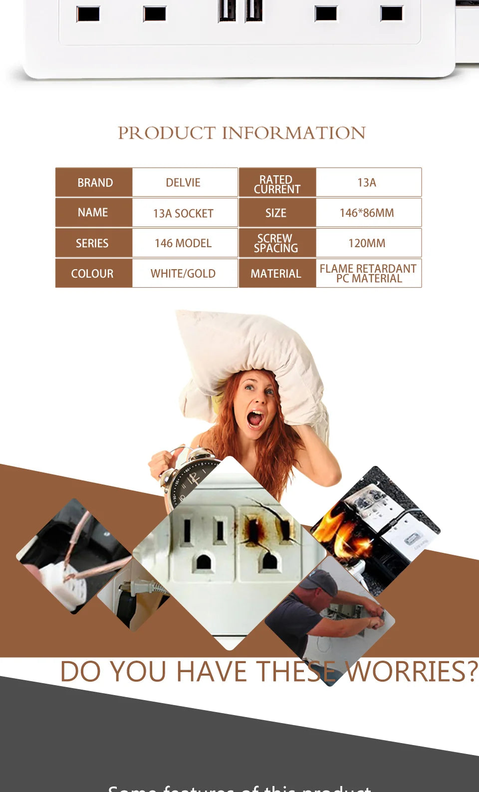 Delviz Wall Power USB Socket, 5V 2.1A Double USB Charger Port, LED Indicator, 146mm*86mm, UK Standard Switch control 13A Outlet