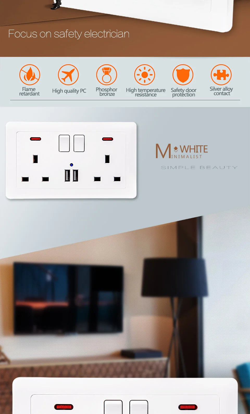 Delviz Wall Power USB Socket, 5V 2.1A Double USB Charger Port, LED Indicator, 146mm*86mm, UK Standard Switch control 13A Outlet