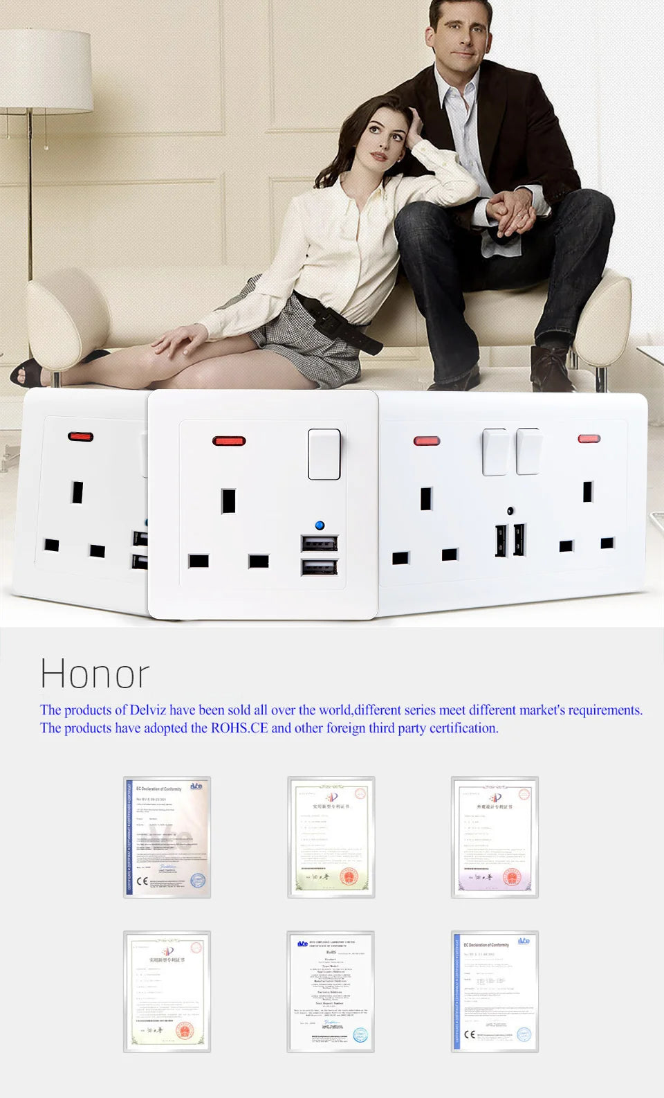 Delviz Wall Power USB Socket, 5V 2.1A Double USB Charger Port, LED Indicator, 146mm*86mm, UK Standard Switch control 13A Outlet