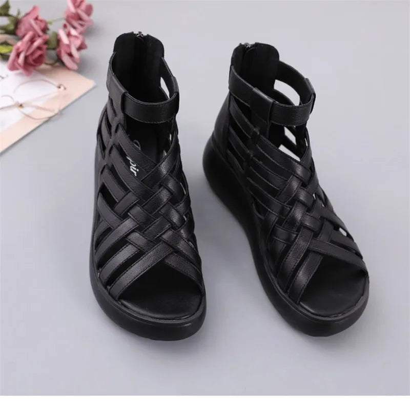 BEYARNE Genuine Leather Summer Shoes Wedges Sandals Women Gladiator Sandals Vintage Open Toe Cross Platform Sandals Female