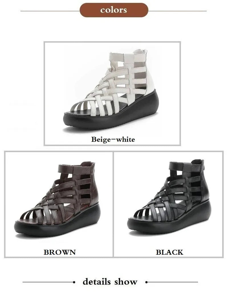 BEYARNE Genuine Leather Summer Shoes Wedges Sandals Women Gladiator Sandals Vintage Open Toe Cross Platform Sandals Female