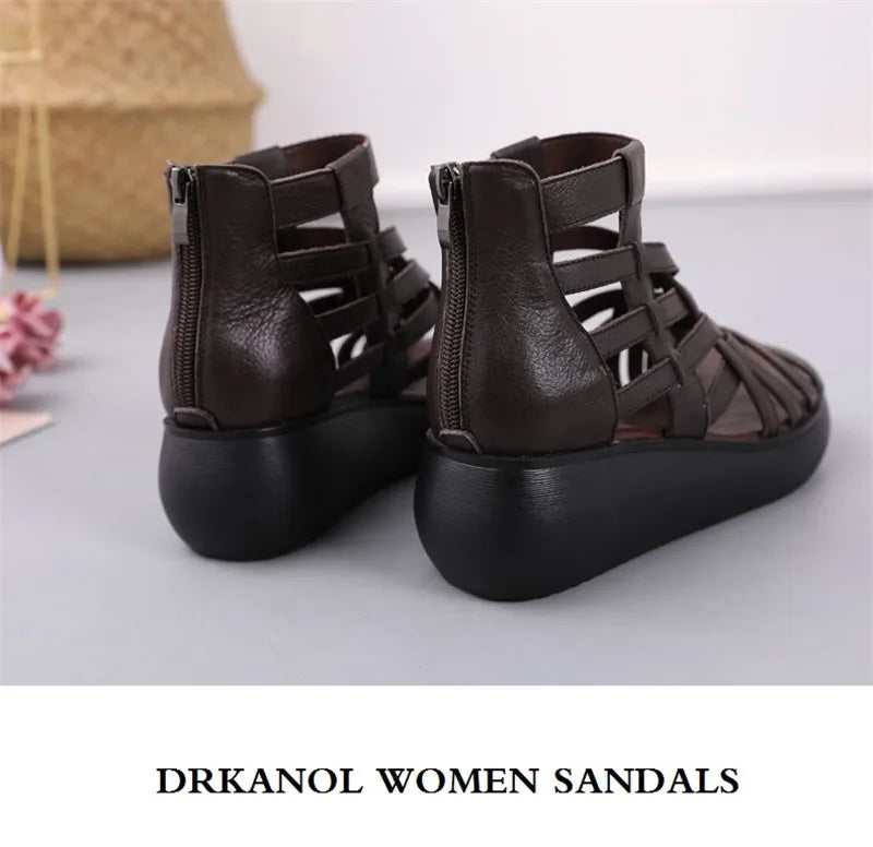BEYARNE Genuine Leather Summer Shoes Wedges Sandals Women Gladiator Sandals Vintage Open Toe Cross Platform Sandals Female