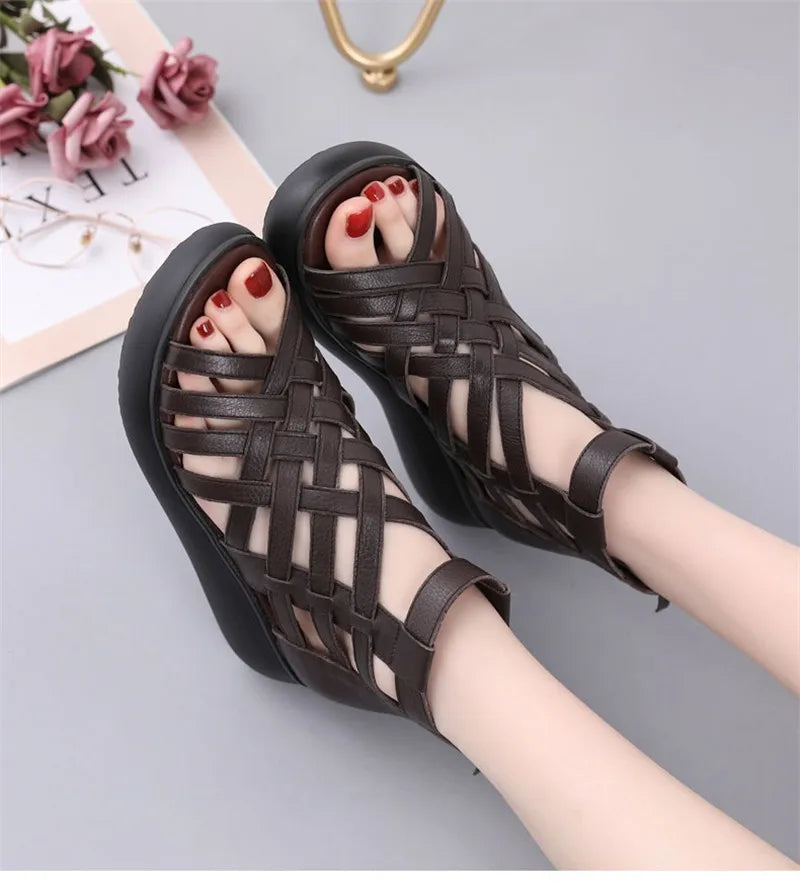 BEYARNE Genuine Leather Summer Shoes Wedges Sandals Women Gladiator Sandals Vintage Open Toe Cross Platform Sandals Female