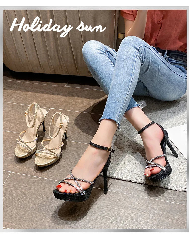 2021 Summer Korean Style Chain Sandals Cross Ankle Straps  Sexy Bling 10CM Thin High Heels Platform Peep Toe Roman Women Shoes