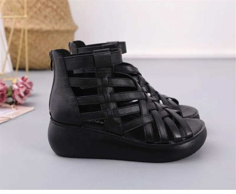 BEYARNE Genuine Leather Summer Shoes Wedges Sandals Women Gladiator Sandals Vintage Open Toe Cross Platform Sandals Female