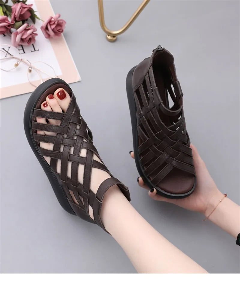 BEYARNE Genuine Leather Summer Shoes Wedges Sandals Women Gladiator Sandals Vintage Open Toe Cross Platform Sandals Female