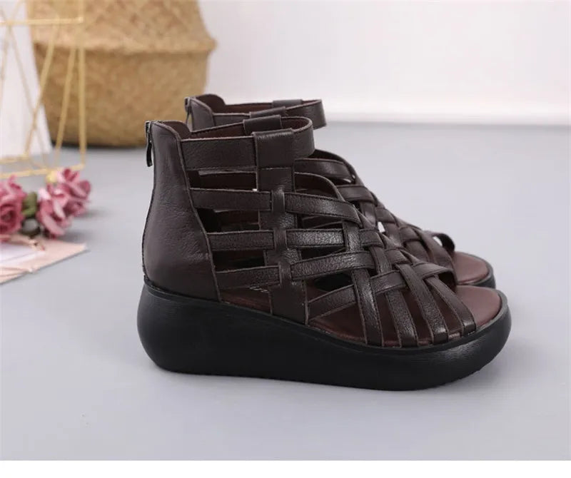 BEYARNE Genuine Leather Summer Shoes Wedges Sandals Women Gladiator Sandals Vintage Open Toe Cross Platform Sandals Female