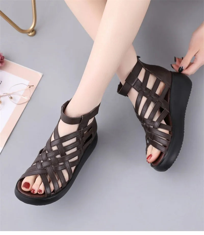 BEYARNE Genuine Leather Summer Shoes Wedges Sandals Women Gladiator Sandals Vintage Open Toe Cross Platform Sandals Female