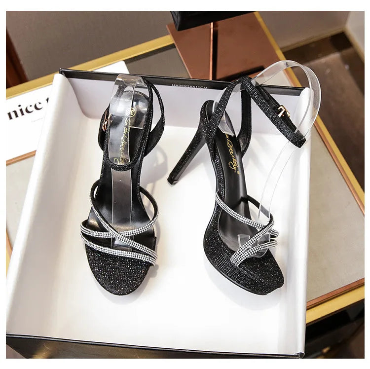 2021 Summer Korean Style Chain Sandals Cross Ankle Straps  Sexy Bling 10CM Thin High Heels Platform Peep Toe Roman Women Shoes