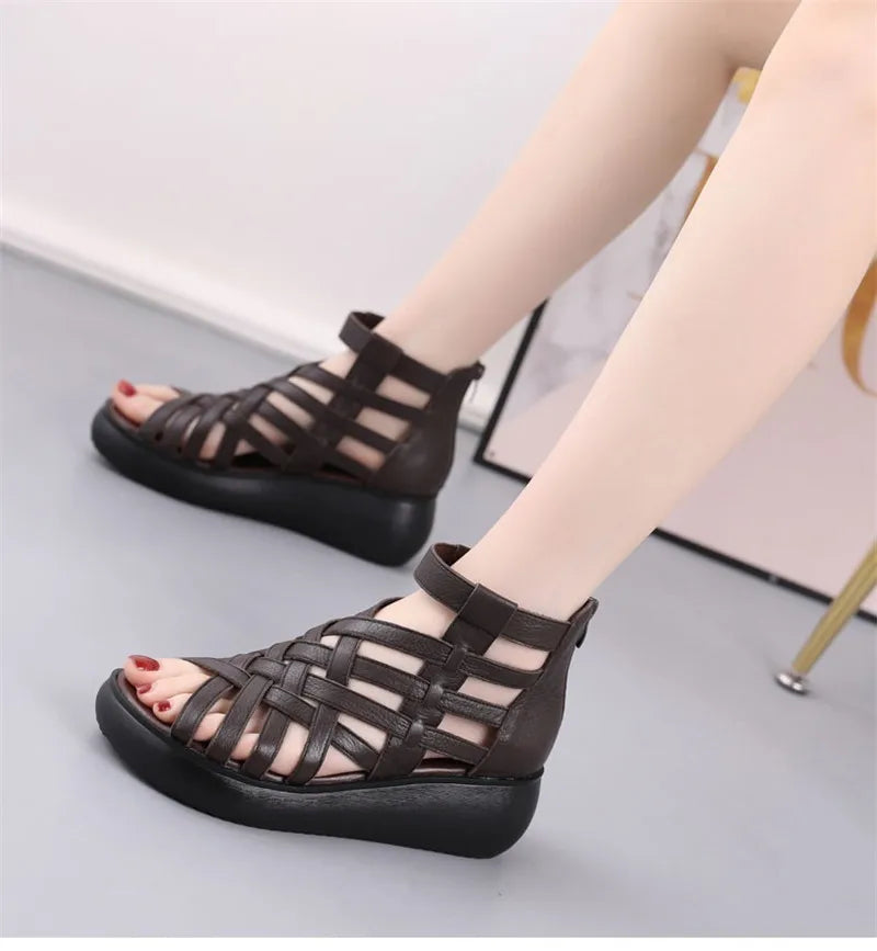 BEYARNE Genuine Leather Summer Shoes Wedges Sandals Women Gladiator Sandals Vintage Open Toe Cross Platform Sandals Female
