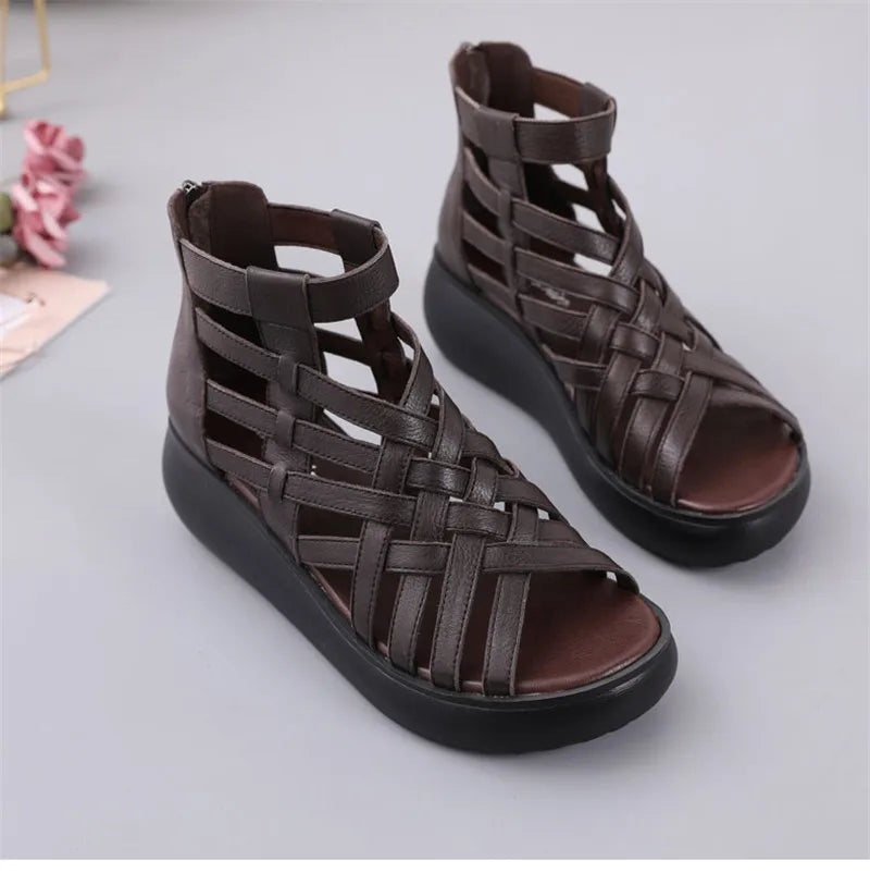 BEYARNE Genuine Leather Summer Shoes Wedges Sandals Women Gladiator Sandals Vintage Open Toe Cross Platform Sandals Female